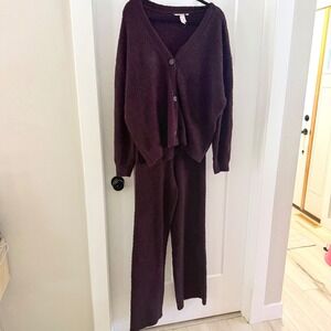 Victoria's Secret Cozy Teddy Knit Cardigan Pants Matcing Set Burgandy Brown Med